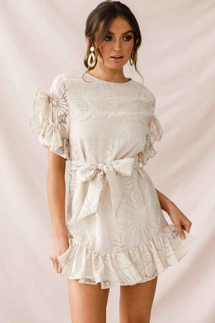 Coolum Ruffle Sleeve Dress Beige by Selfie Leslie