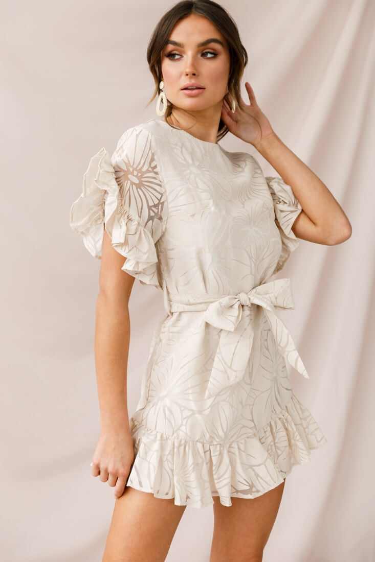 Coolum Ruffle Sleeve Dress Beige by Selfie Leslie