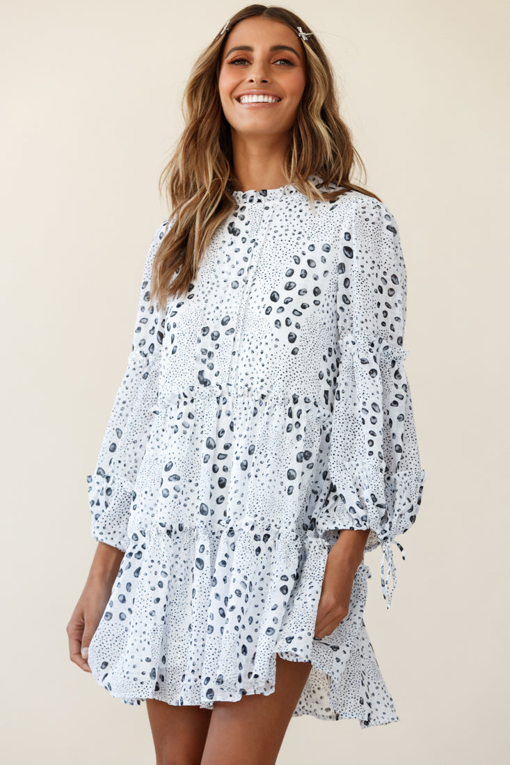 Beatrix High Neck Bell Sleeve Dress Droplet Print White by Selfie Leslie