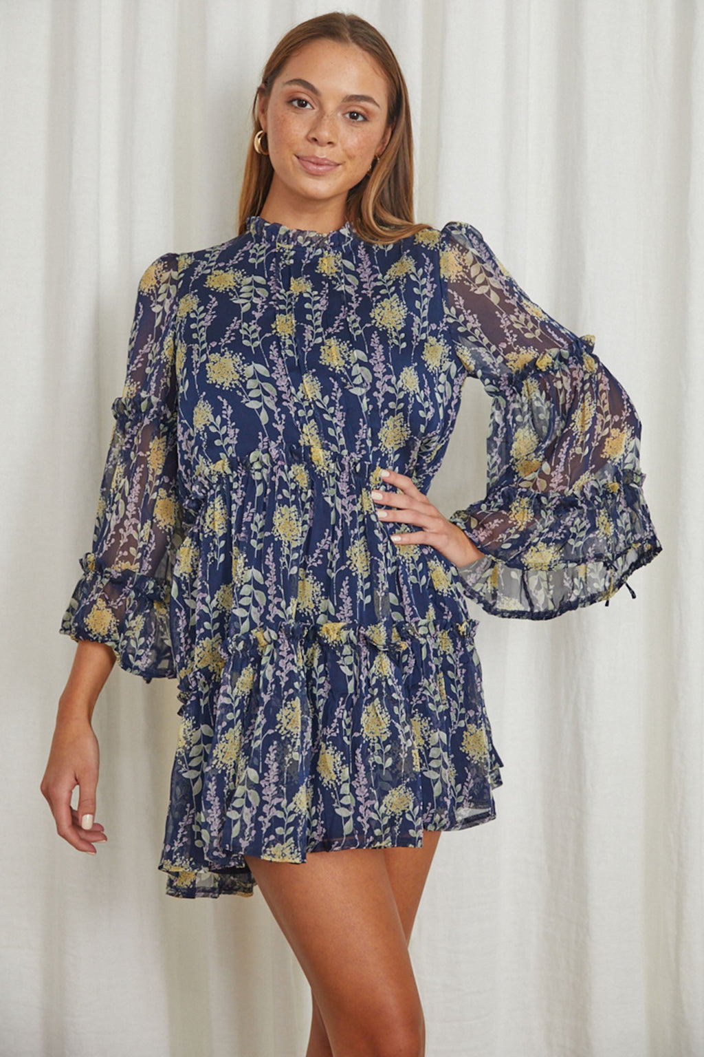 Beatrix High Neck Balloon Sleeve Dress Floral Midnight Blue by Selfie Leslie