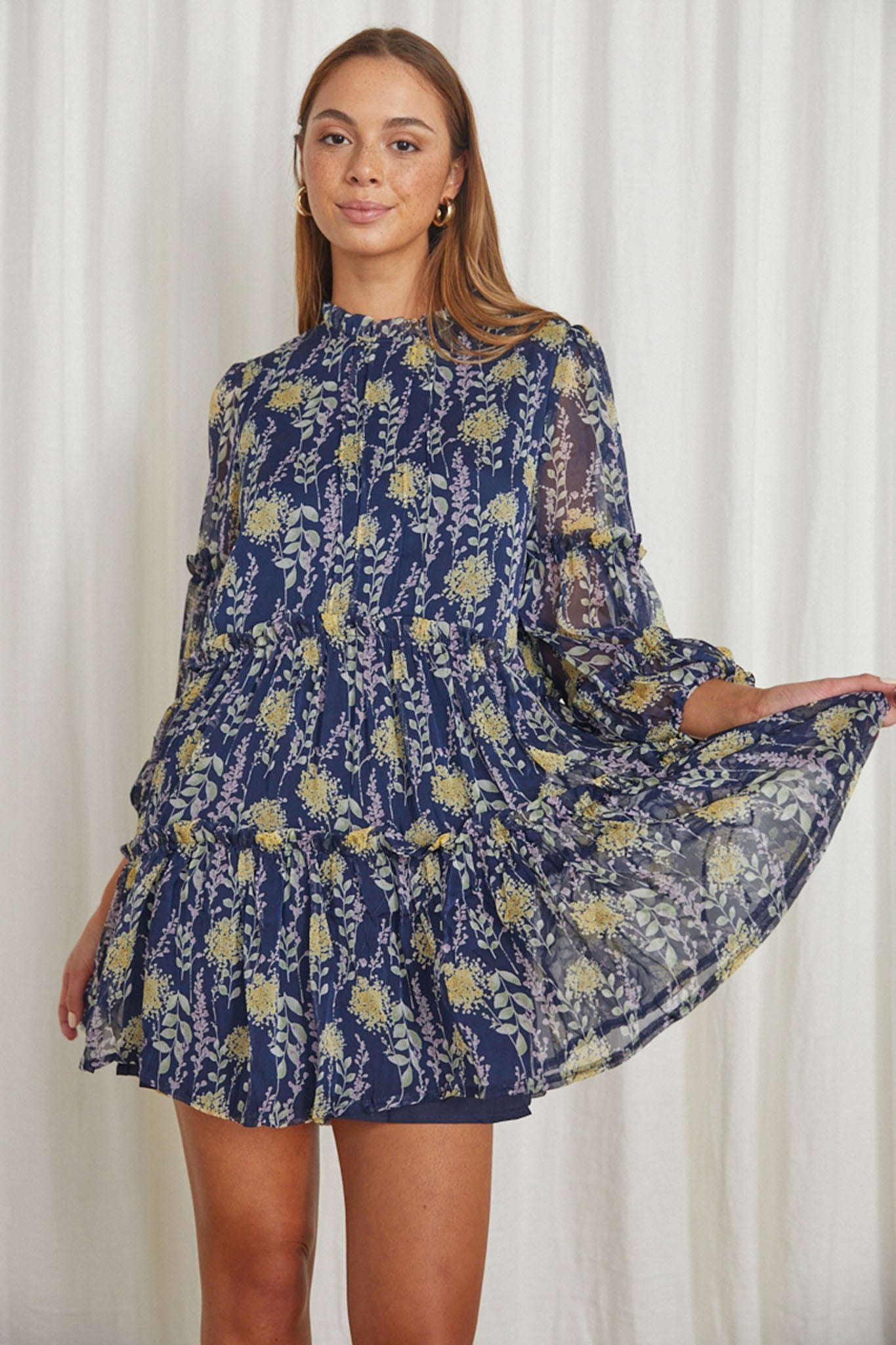 Beatrix High Neck Balloon Sleeve Dress Floral Midnight Blue by Selfie Leslie