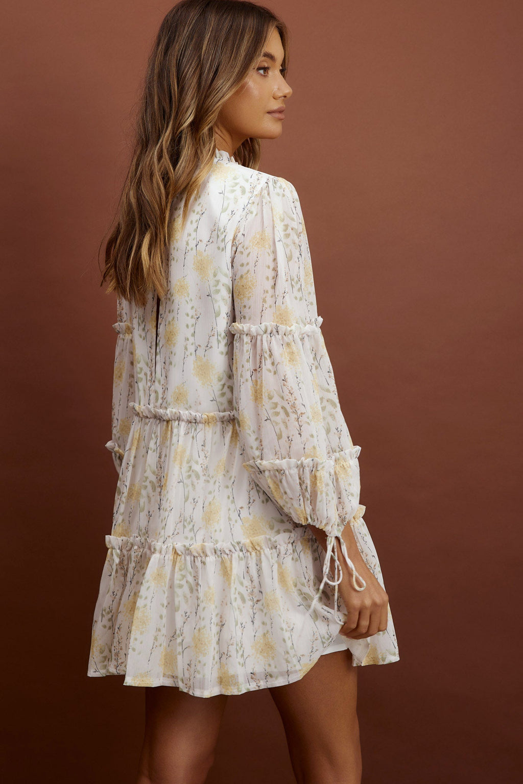 Beatrix High Neck Balloon Sleeve Dress Floral Yellow by Selfie Leslie