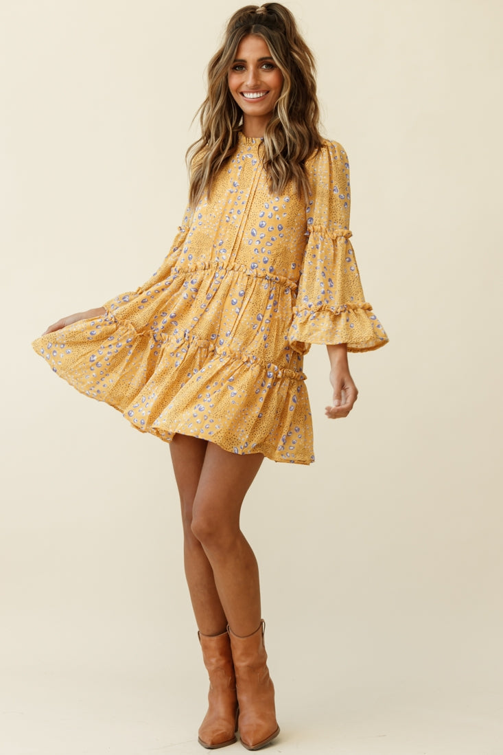 Beatrix High Neck Bell Sleeve Dress Droplet Print Yellow by Selfie Leslie