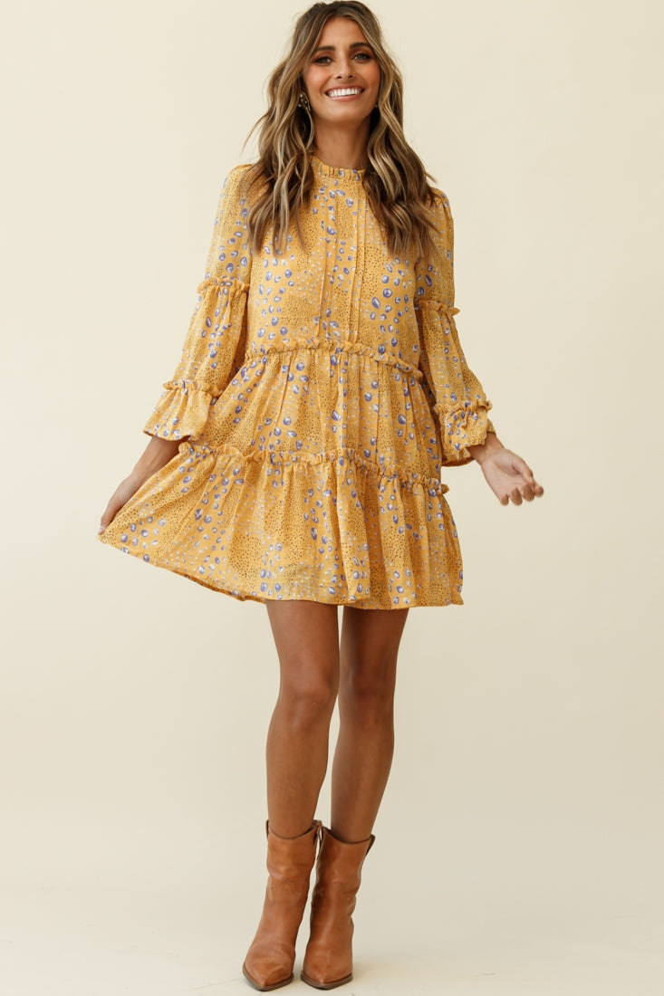 Beatrix High Neck Bell Sleeve Dress Droplet Print Yellow by Selfie Leslie