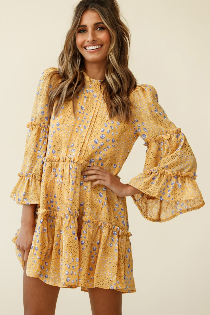 Beatrix High Neck Bell Sleeve Dress Droplet Print Yellow by Selfie Leslie