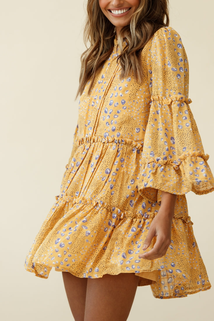 Beatrix High Neck Bell Sleeve Dress Droplet Print Yellow by Selfie Leslie