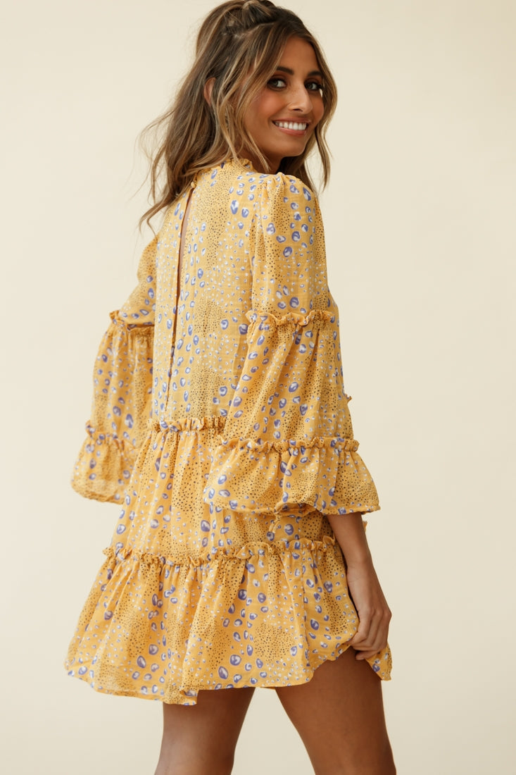 Beatrix High Neck Bell Sleeve Dress Droplet Print Yellow by Selfie Leslie
