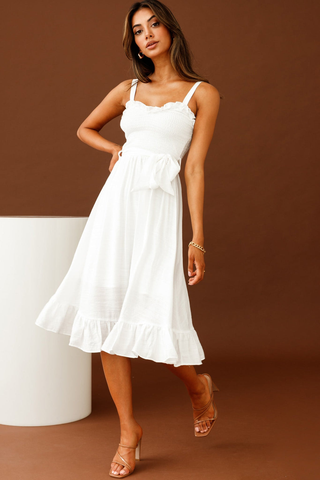 Honey Shirred Frill Midi Dress White by Selfie Leslie
