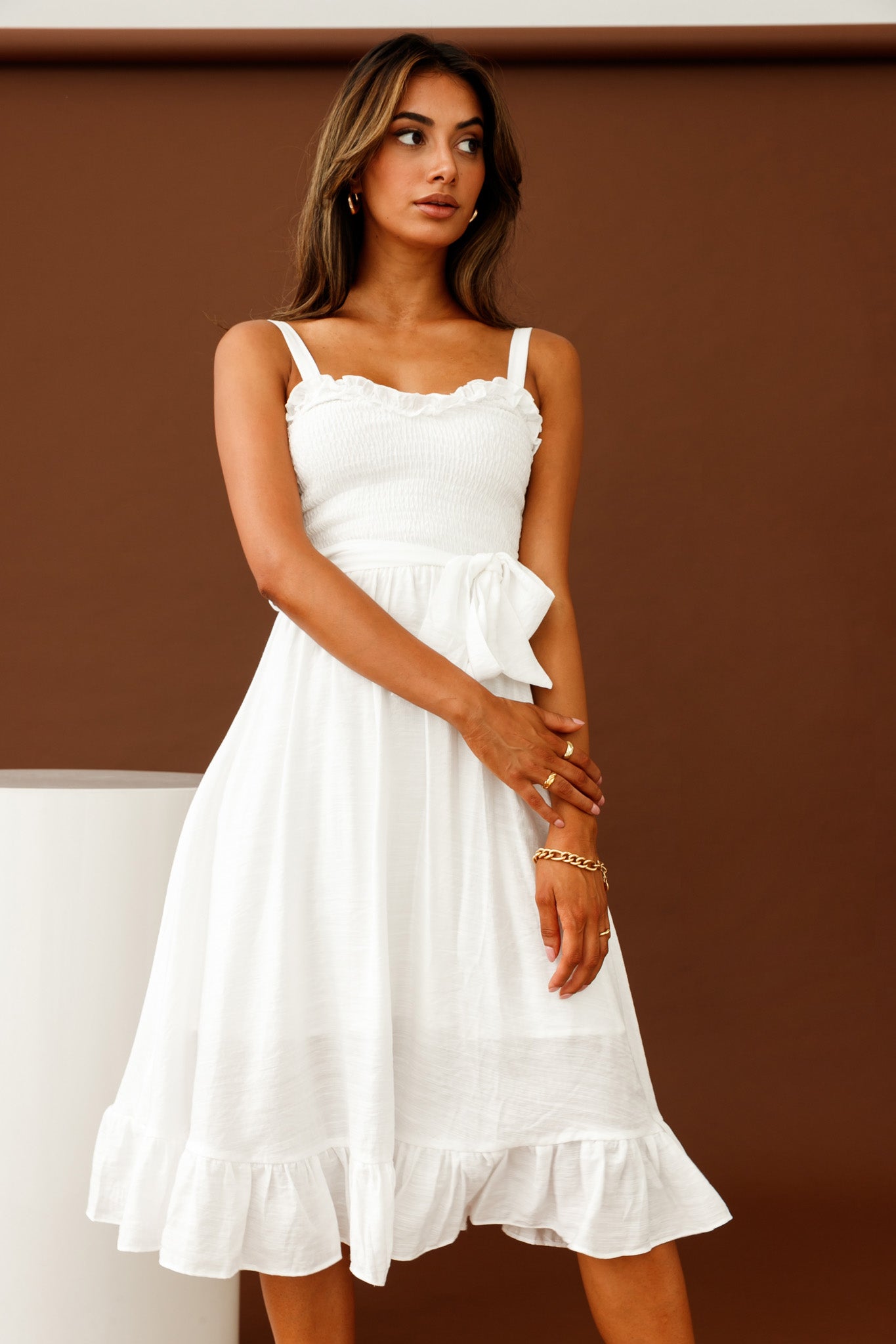 Honey Shirred Frill Midi Dress White by Selfie Leslie