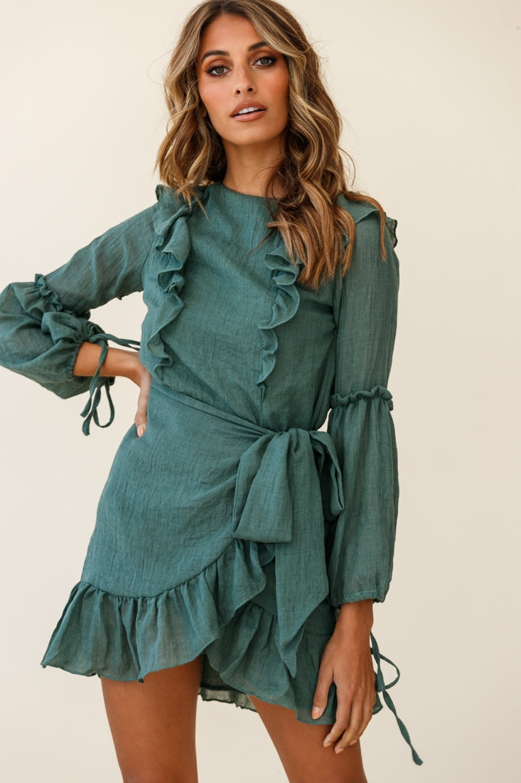 Tila Long Balloon Sleeve Wrap Front Dress Khaki by Selfie Leslie