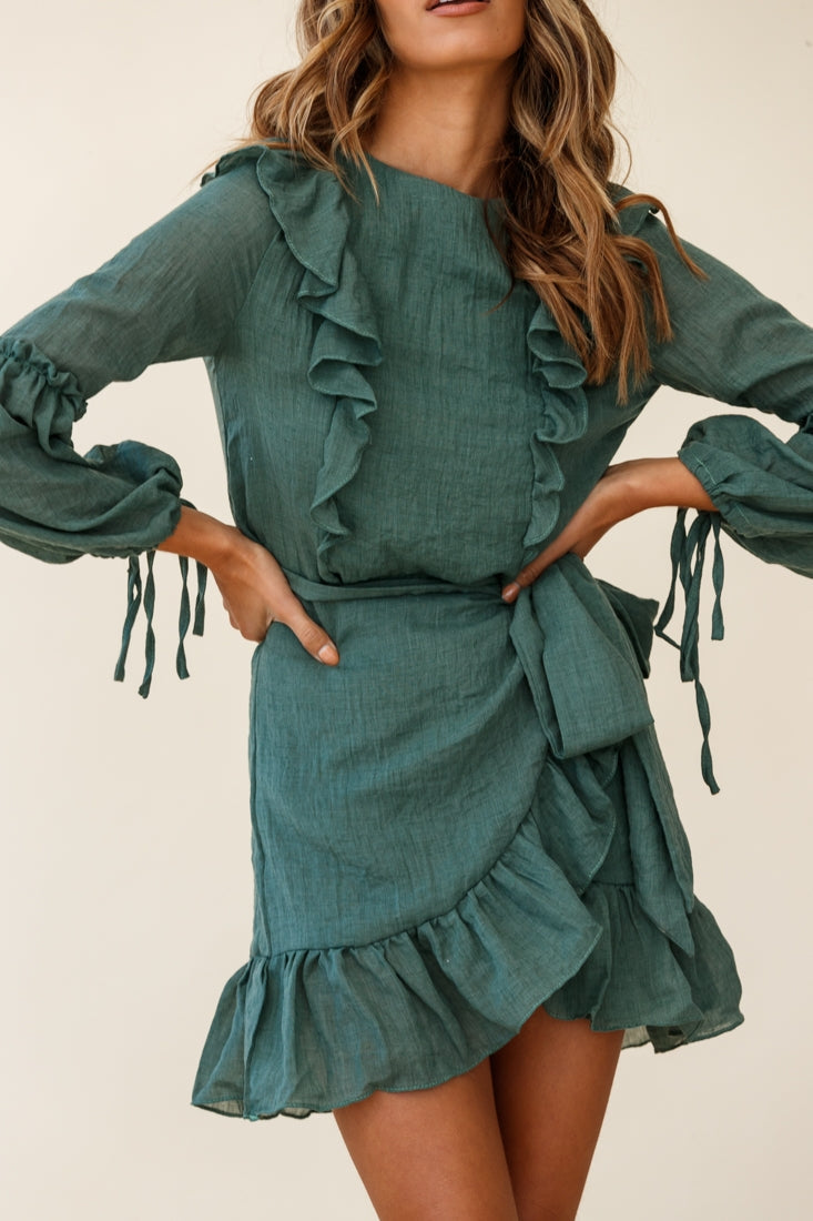 Tila Long Balloon Sleeve Wrap Front Dress Khaki by Selfie Leslie