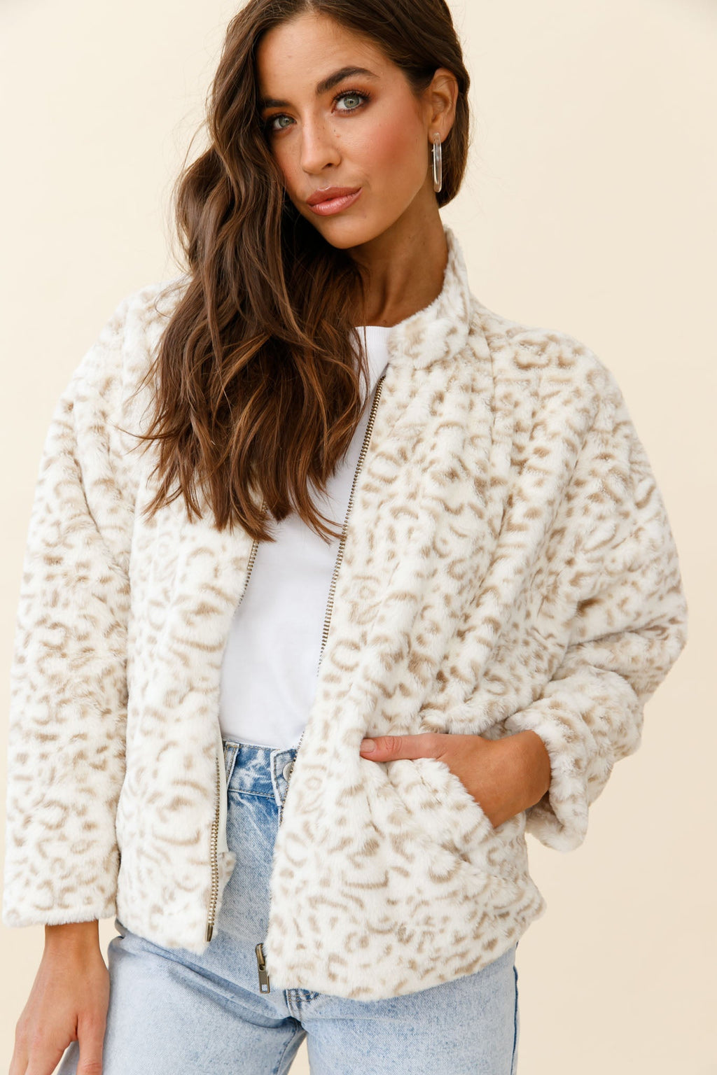 Wyoming Front Pocket Printed Fur Jacket White/Beige by Selfie Leslie