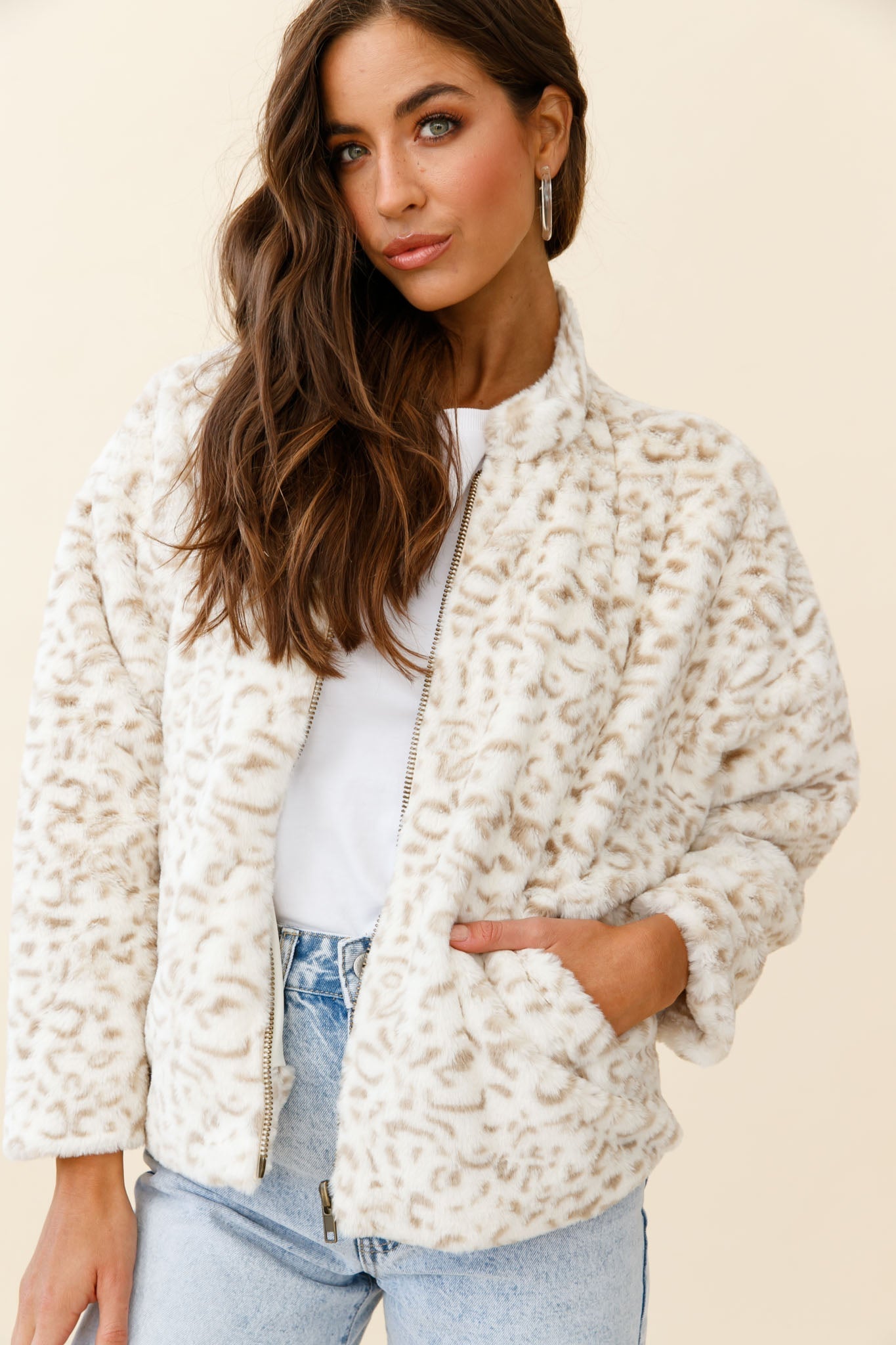 Wyoming Front Pocket Printed Fur Jacket White/Beige by Selfie Leslie