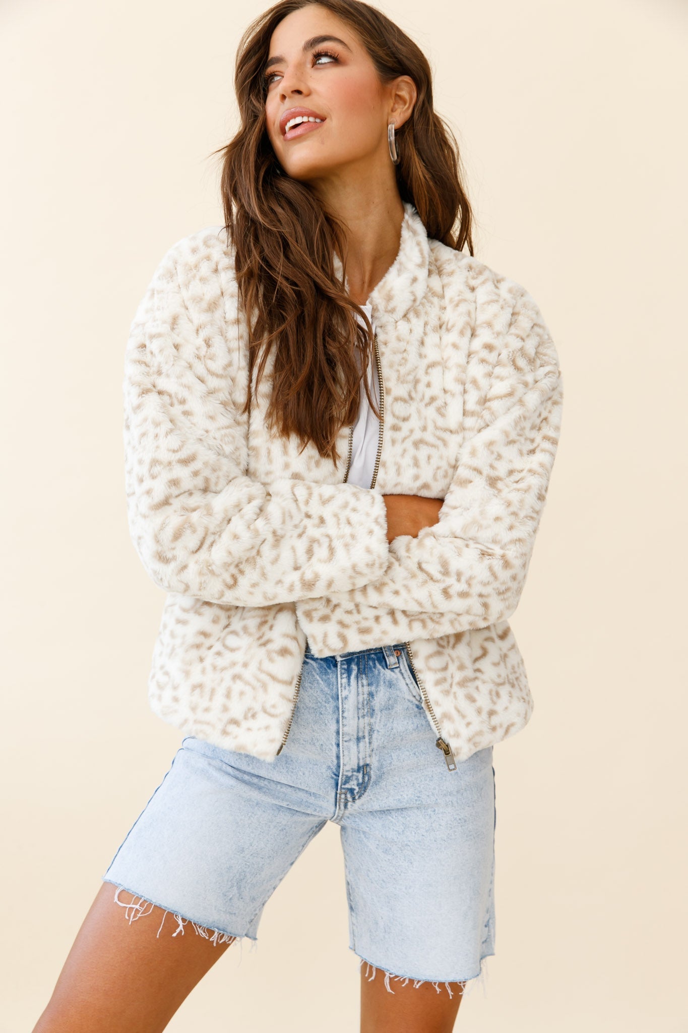 Wyoming Front Pocket Printed Fur Jacket White/Beige by Selfie Leslie