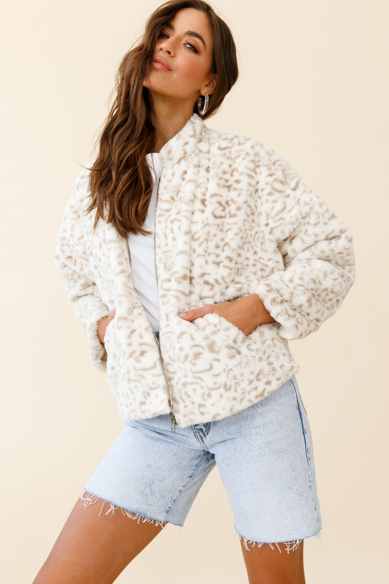 Wyoming Front Pocket Printed Fur Jacket White/Beige by Selfie Leslie