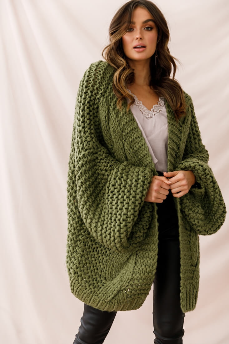 Vermont Oversized Garter Knit Cardigan Olive by Selfie Leslie
