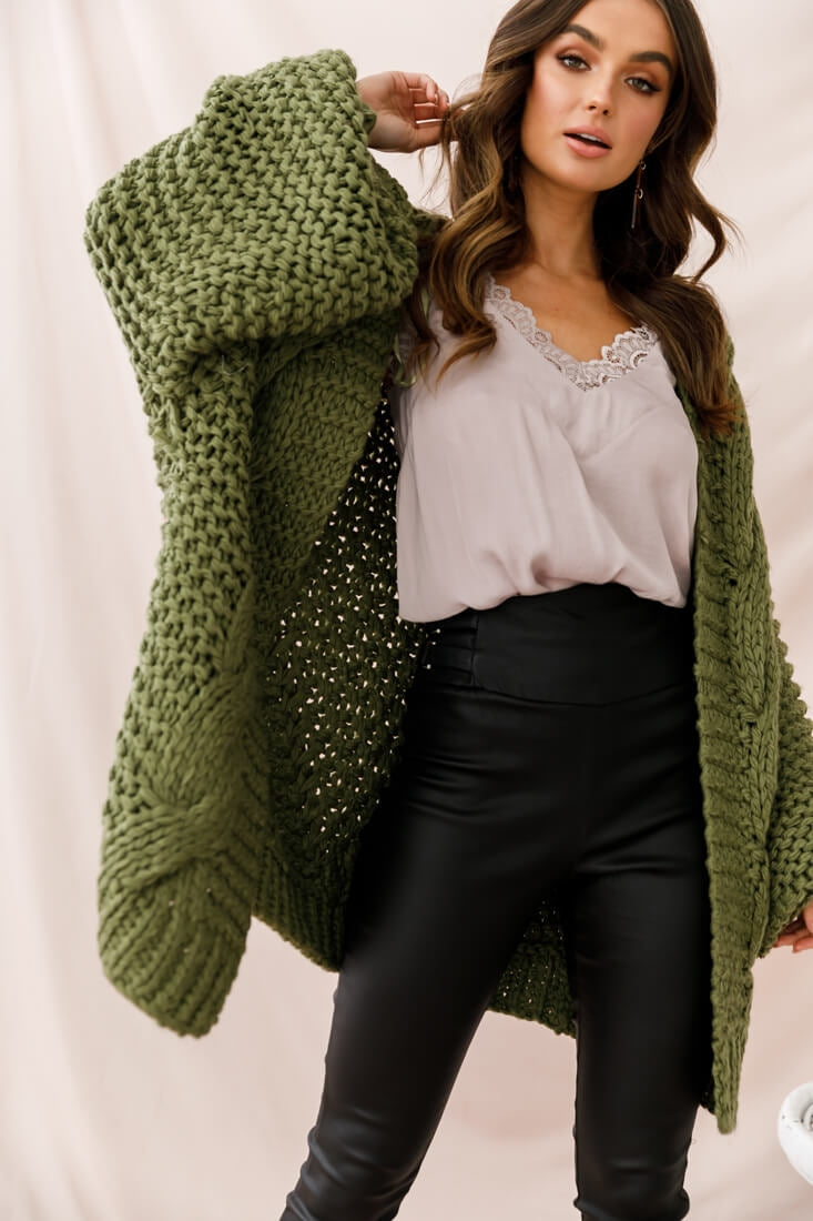 Vermont Oversized Garter Knit Cardigan Olive by Selfie Leslie