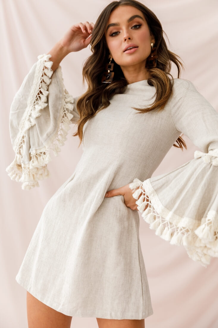 Sahara Tassel Trim Bell Sleeve Dress Beige by Selfie Leslie