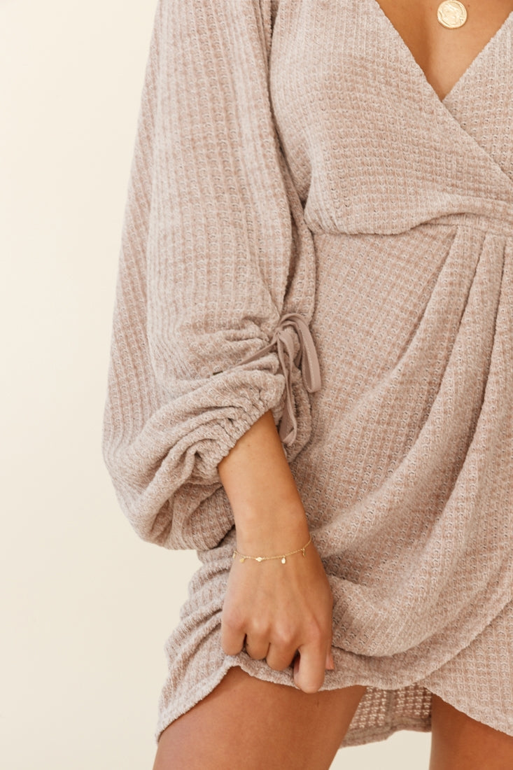 Make Way Balloon Sleeve Knit Wrap Dress Taupe by Selfie Leslie
