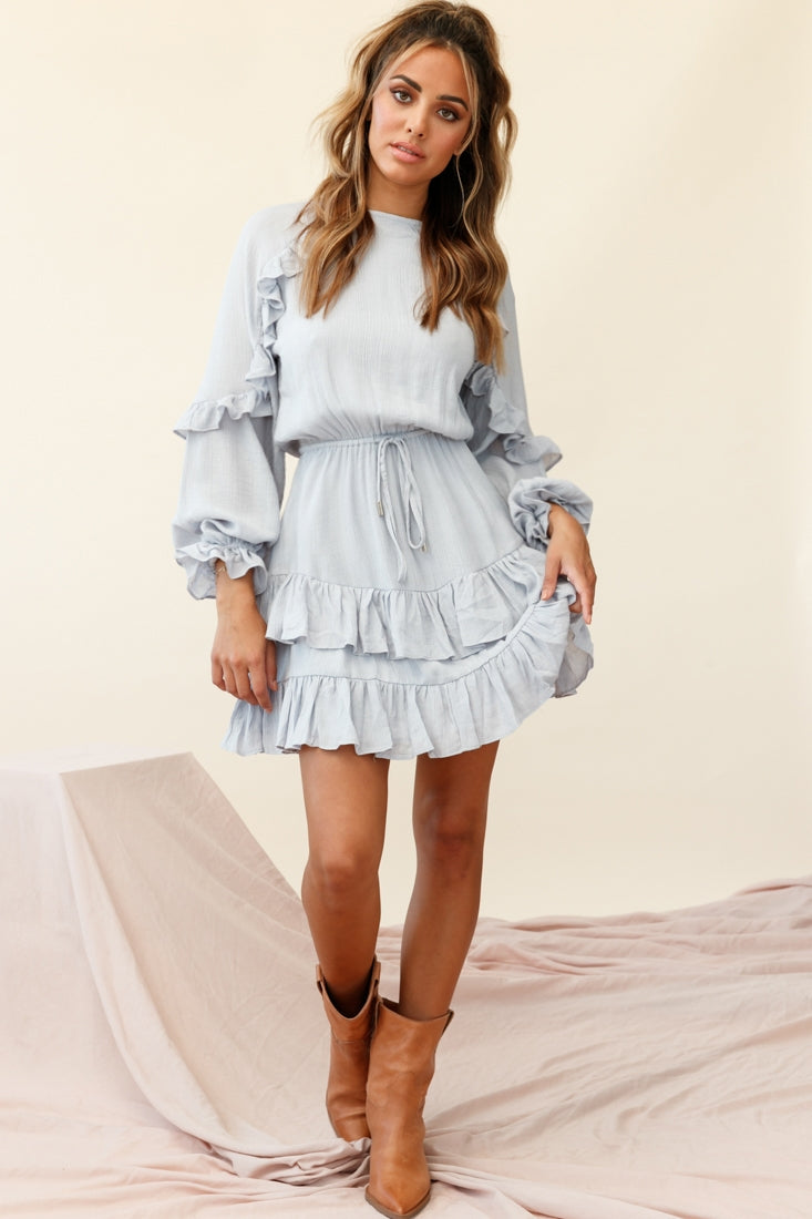 Best Wishes Long Sleeve Frill Detail Dress Grey by Selfie Leslie