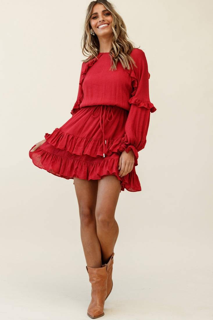 Best Wishes Long Sleeve Frill Detail Dress Wine by Selfie Leslie
