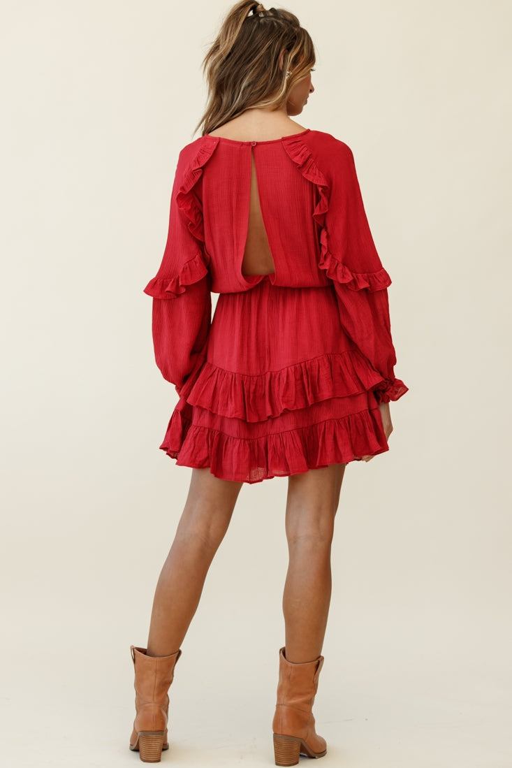 Best Wishes Long Sleeve Frill Detail Dress Wine by Selfie Leslie