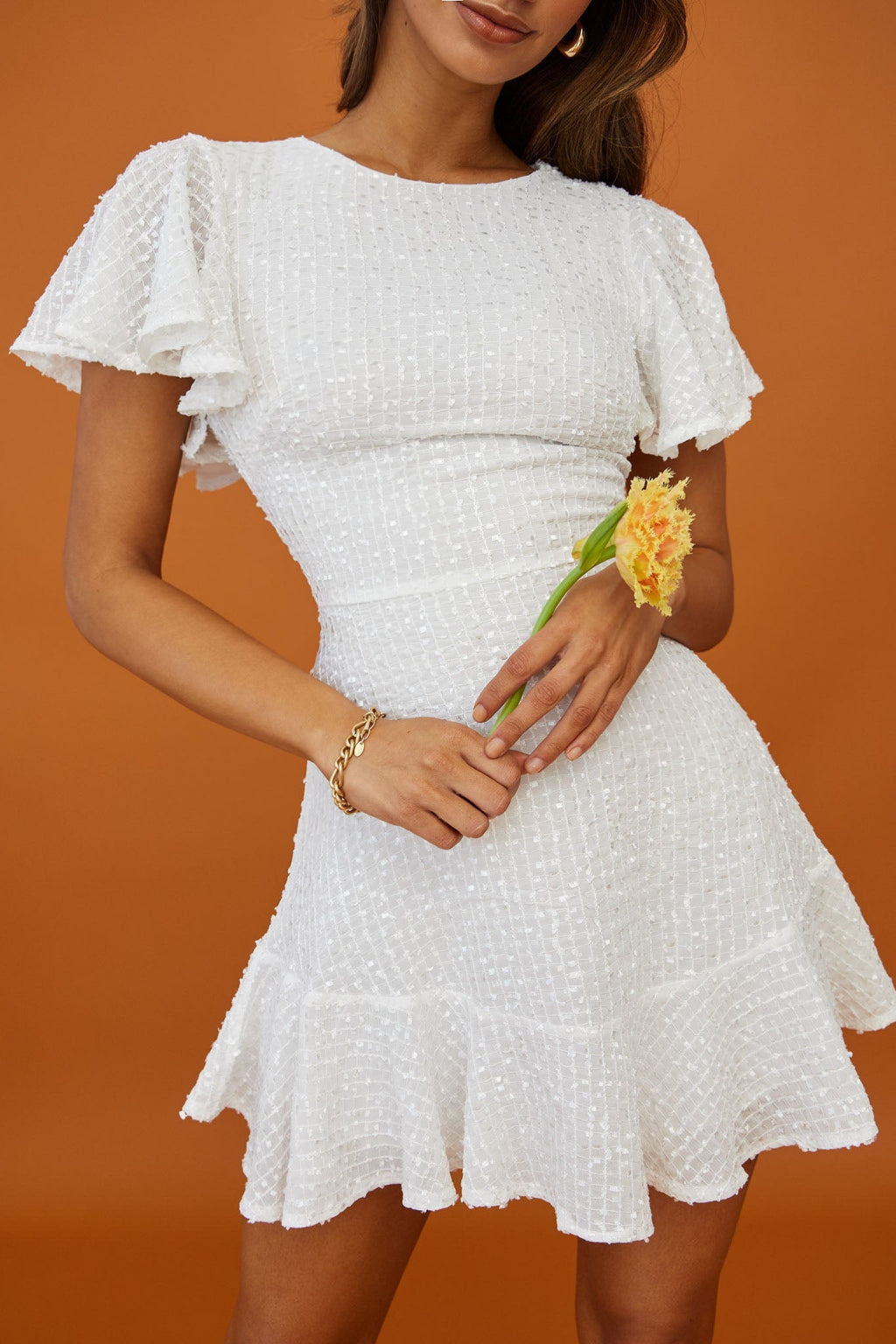 Isabelle Angel Sleeve Empire Dress White by Selfie Leslie