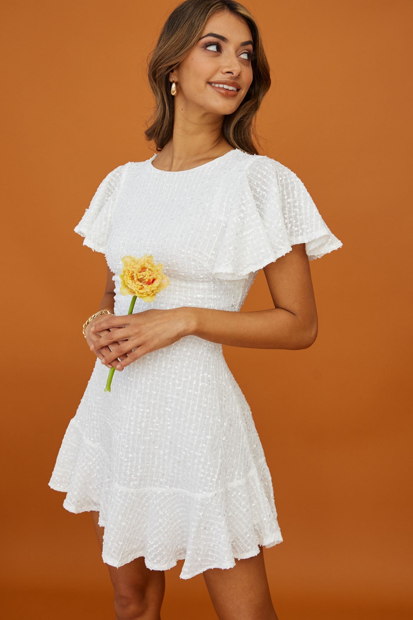Isabelle Angel Sleeve Empire Dress White by Selfie Leslie