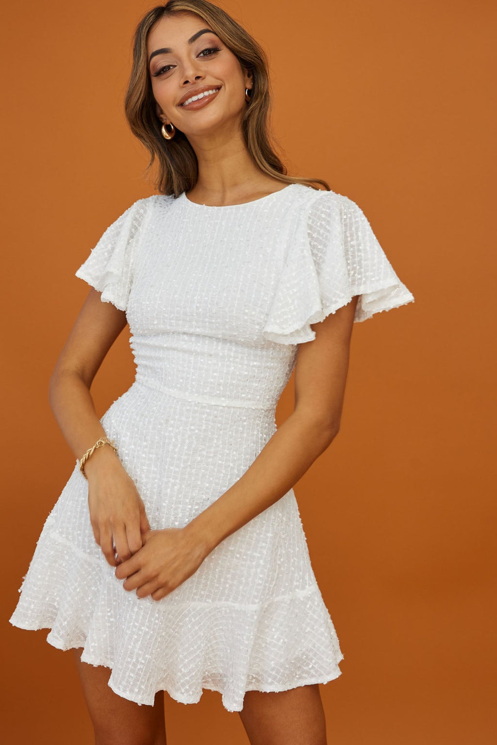 Isabelle Angel Sleeve Empire Dress White by Selfie Leslie