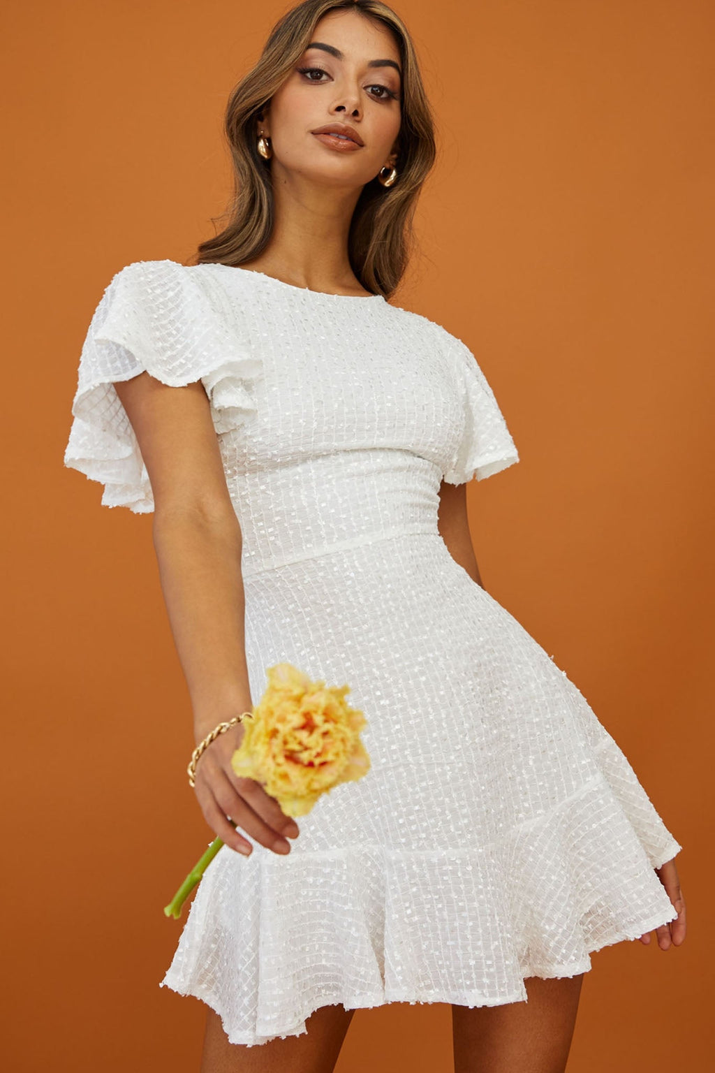 Isabelle Angel Sleeve Empire Dress White by Selfie Leslie