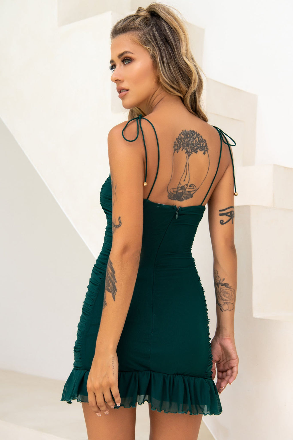 Bambi Ruched Mini Dress Forest Green by Selfie Leslie