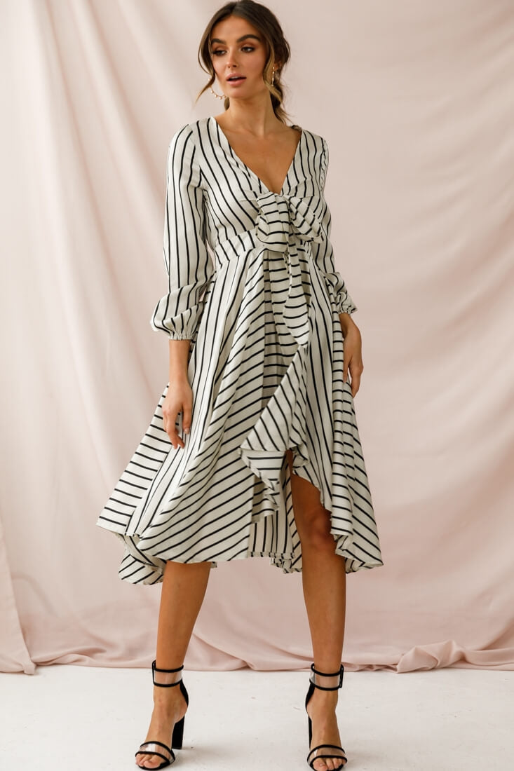 Essex Striped Bust Tie Midi Dress Beige by Selfie Leslie