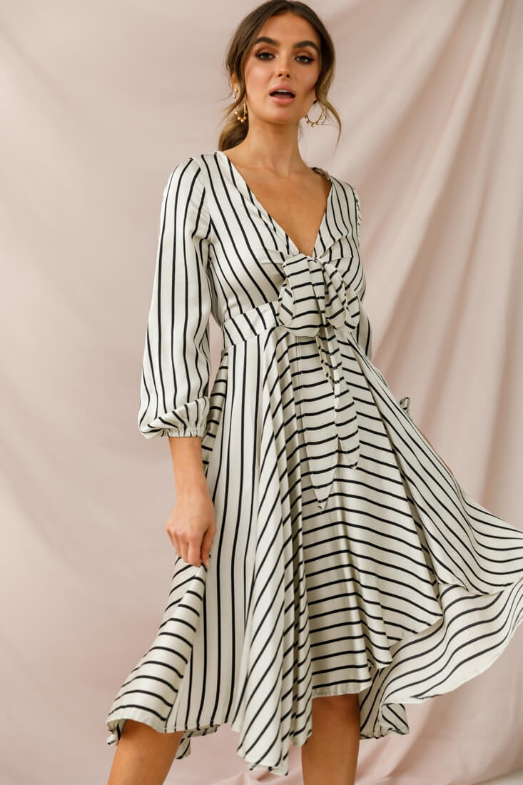 Essex Striped Bust Tie Midi Dress Beige by Selfie Leslie