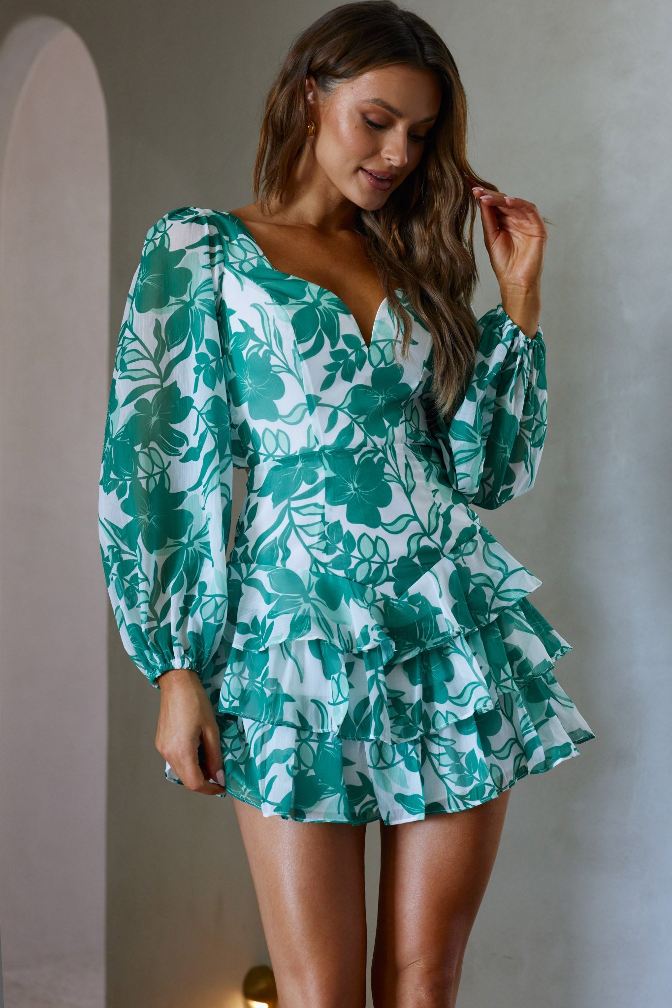 Romance Novel Long Sleeve Tied Back Floral Green by Selfie Leslie