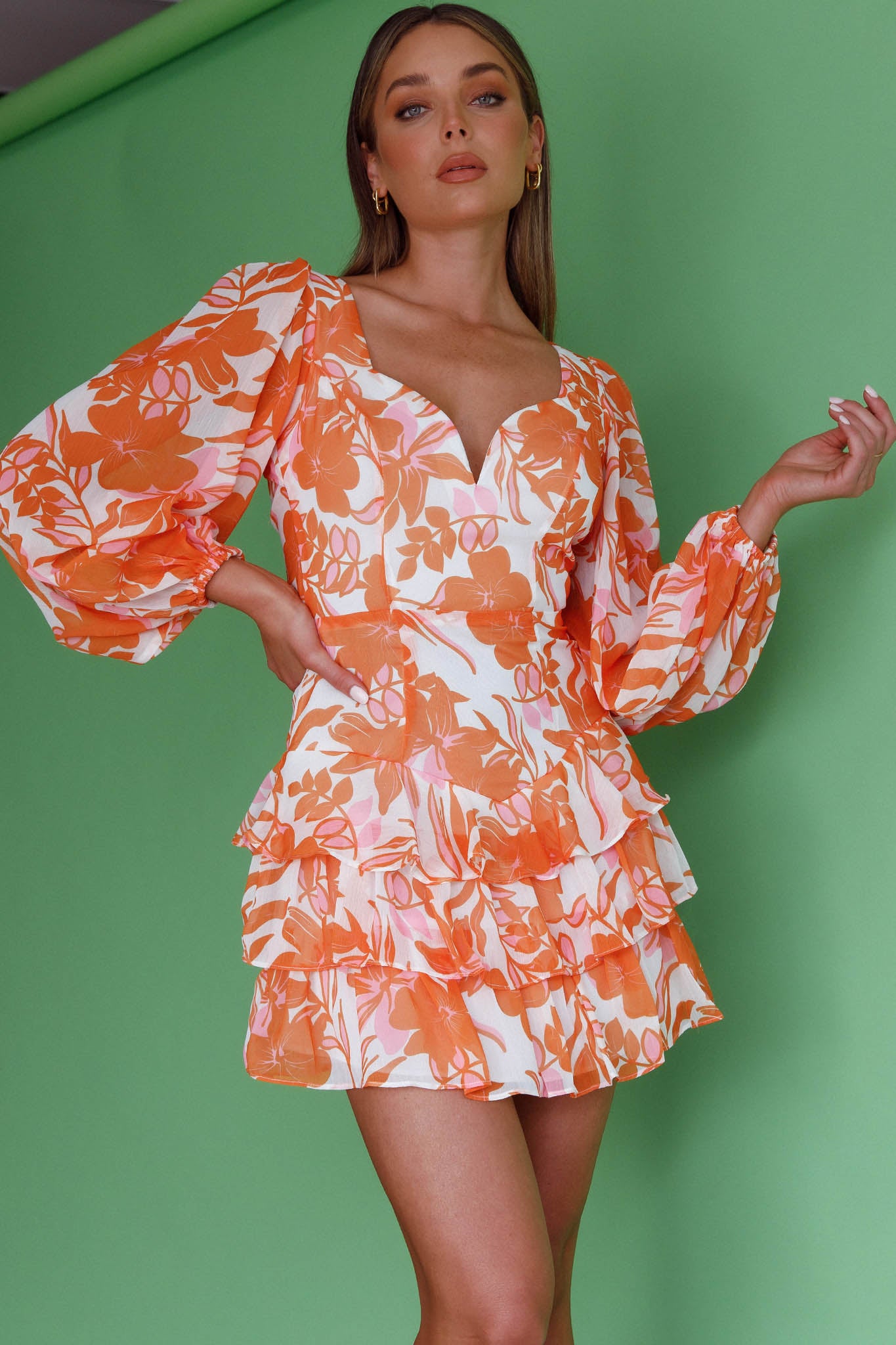 Romance Novel Long Sleeve Tied Back Floral Orange by Selfie Leslie Australia
