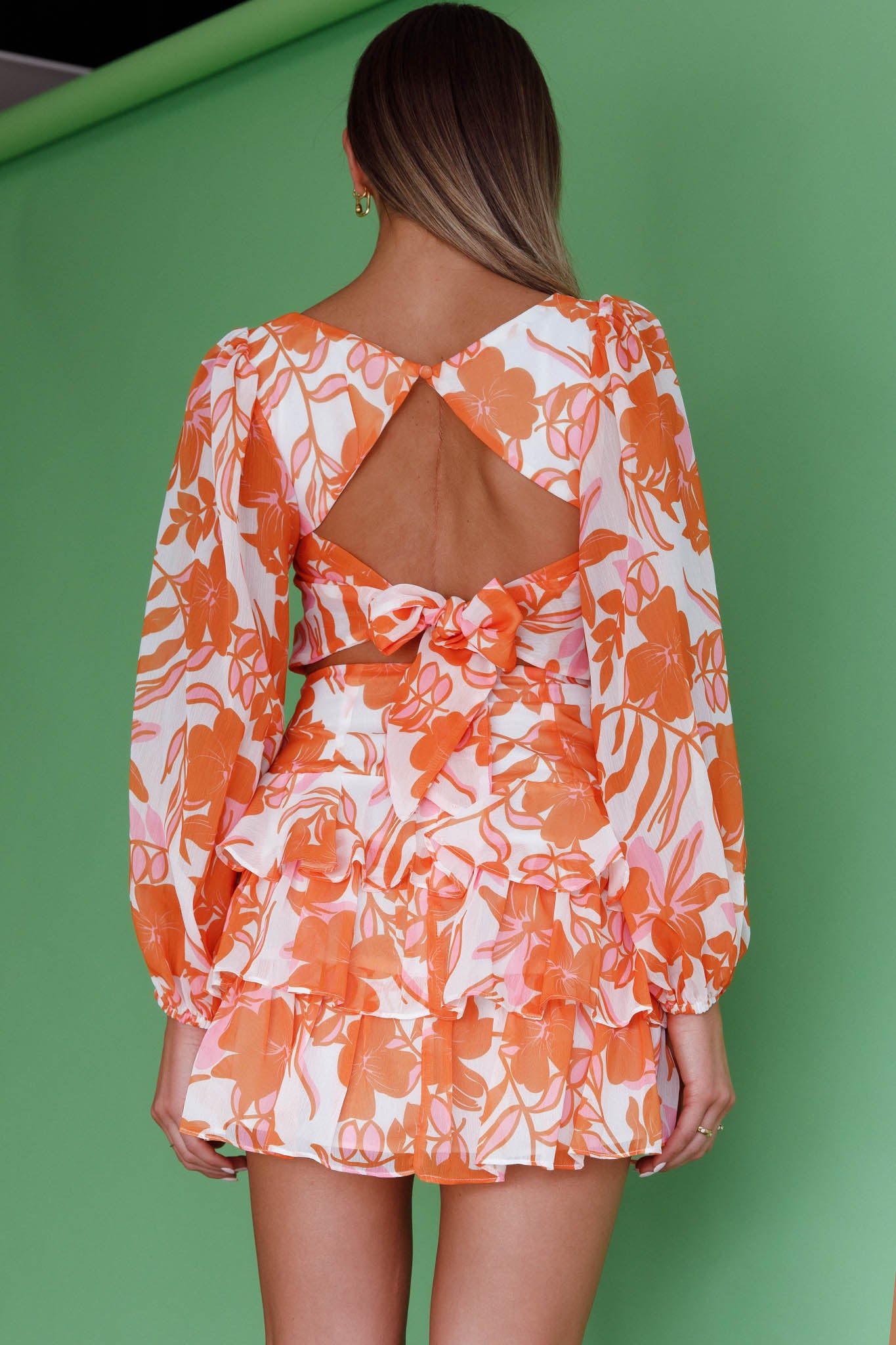 Romance Novel Long Sleeve Tied Back Floral Orange by Selfie Leslie Australia