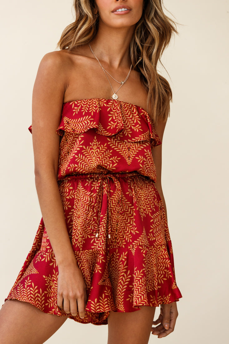 Pasadena Bandeau Tie-Back Romper Leaf Pattern Red by Selfie Leslie