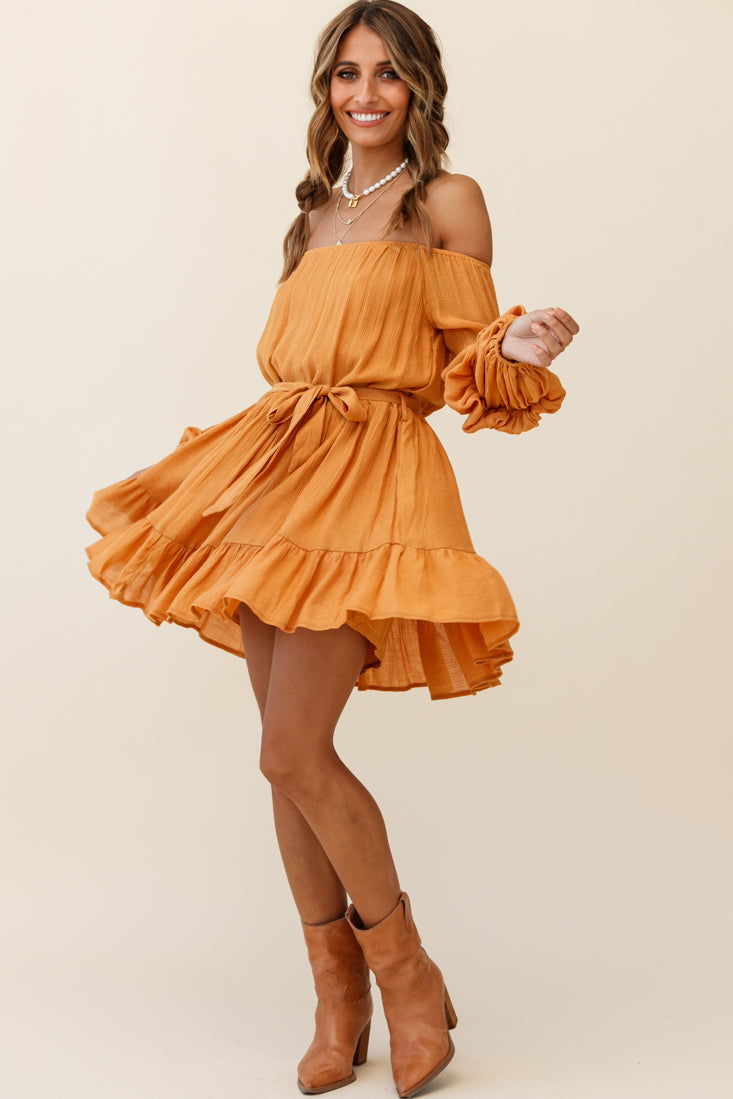 Frida Off-Shoulder Waist Tie Dress Tan by Selfie Leslie