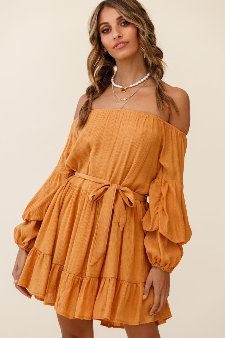 Frida Off-Shoulder Waist Tie Dress Tan by Selfie Leslie