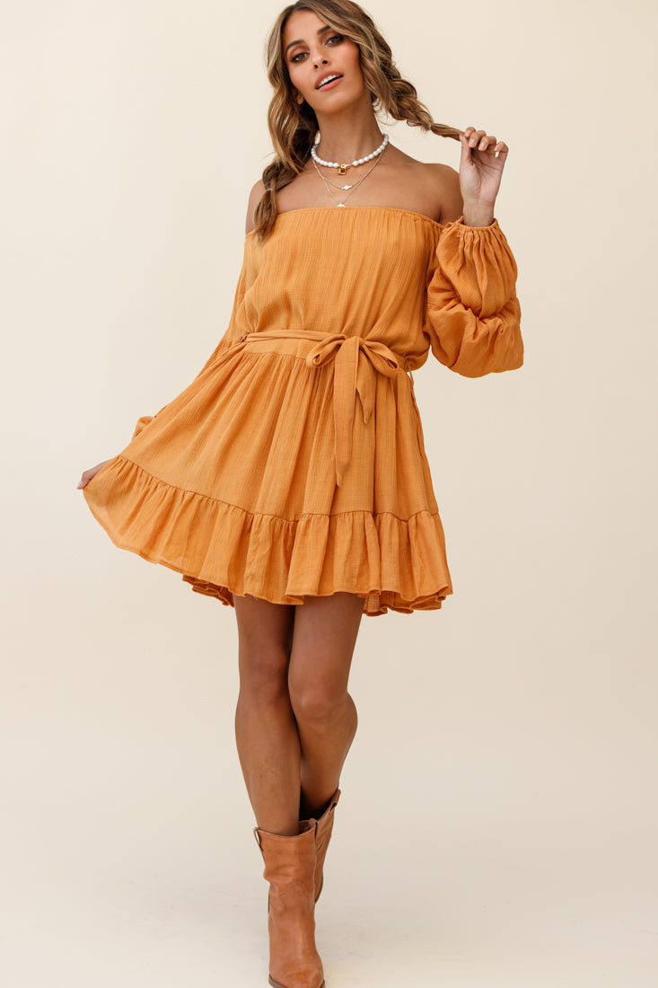 Frida Off-Shoulder Waist Tie Dress Tan by Selfie Leslie
