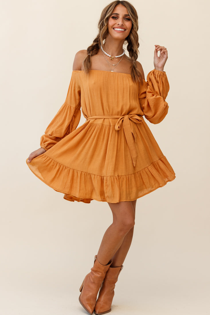 Frida Off-Shoulder Waist Tie Dress Tan by Selfie Leslie