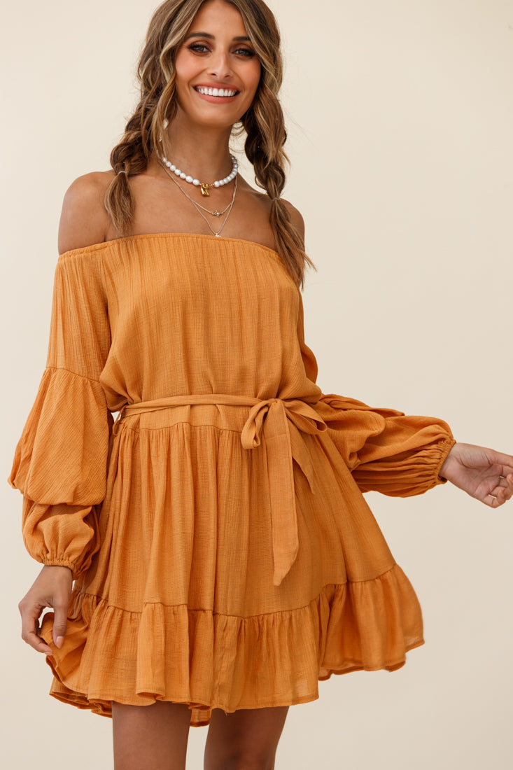 Frida Off-Shoulder Waist Tie Dress Tan by Selfie Leslie