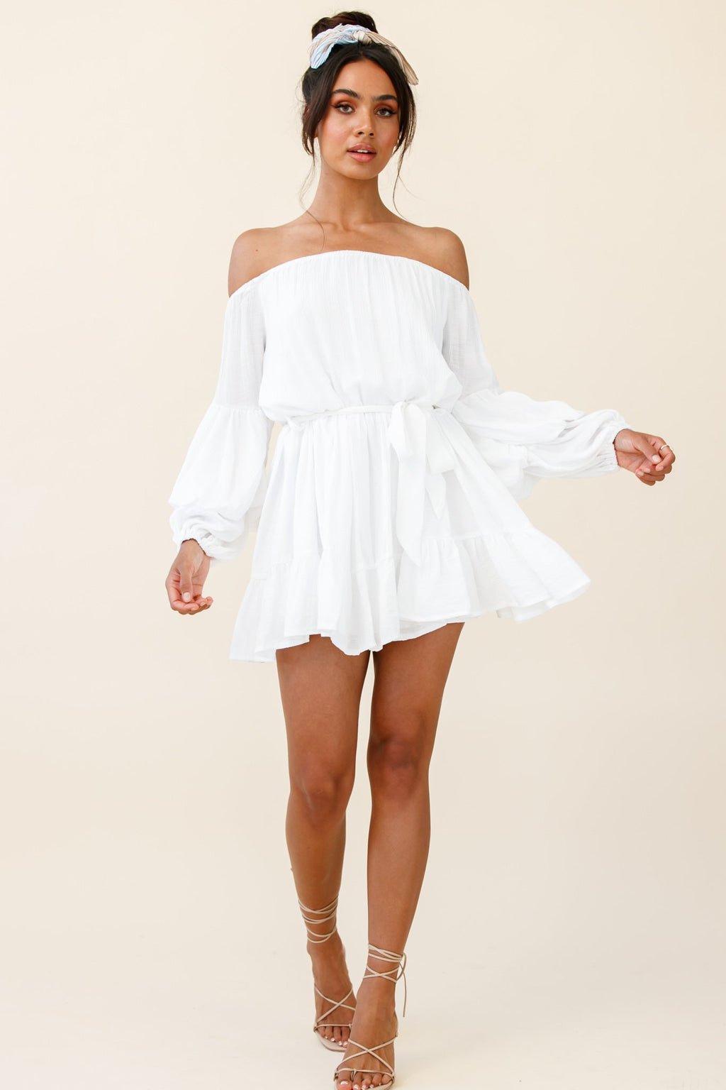 Frida Off-Shoulder Waist Tie Dress White by Selfie Leslie