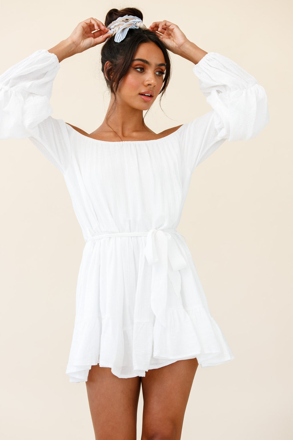 Frida Off-Shoulder Waist Tie Dress White by Selfie Leslie