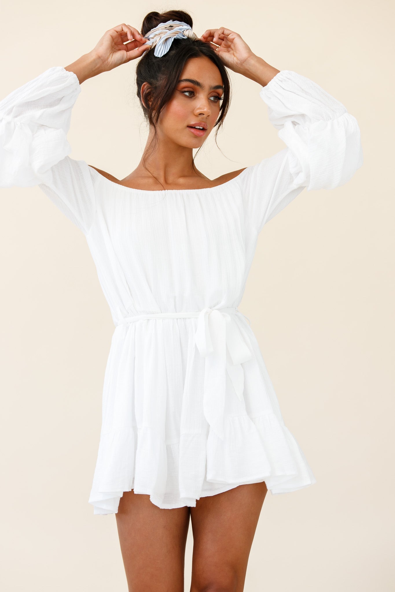 Frida Off-Shoulder Waist Tie Dress White by Selfie Leslie
