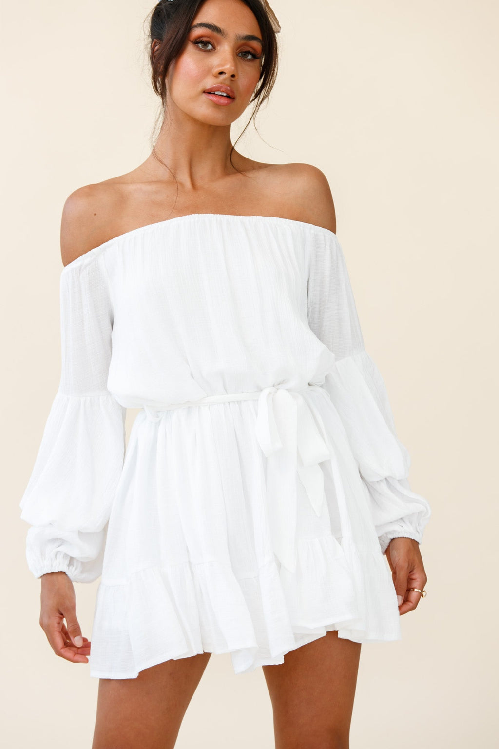 Frida Off-Shoulder Waist Tie Dress White by Selfie Leslie