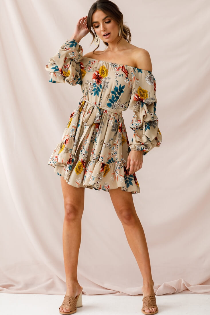 Frida Off-Shoulder Waist Tie Dress Beige by Selfie Leslie