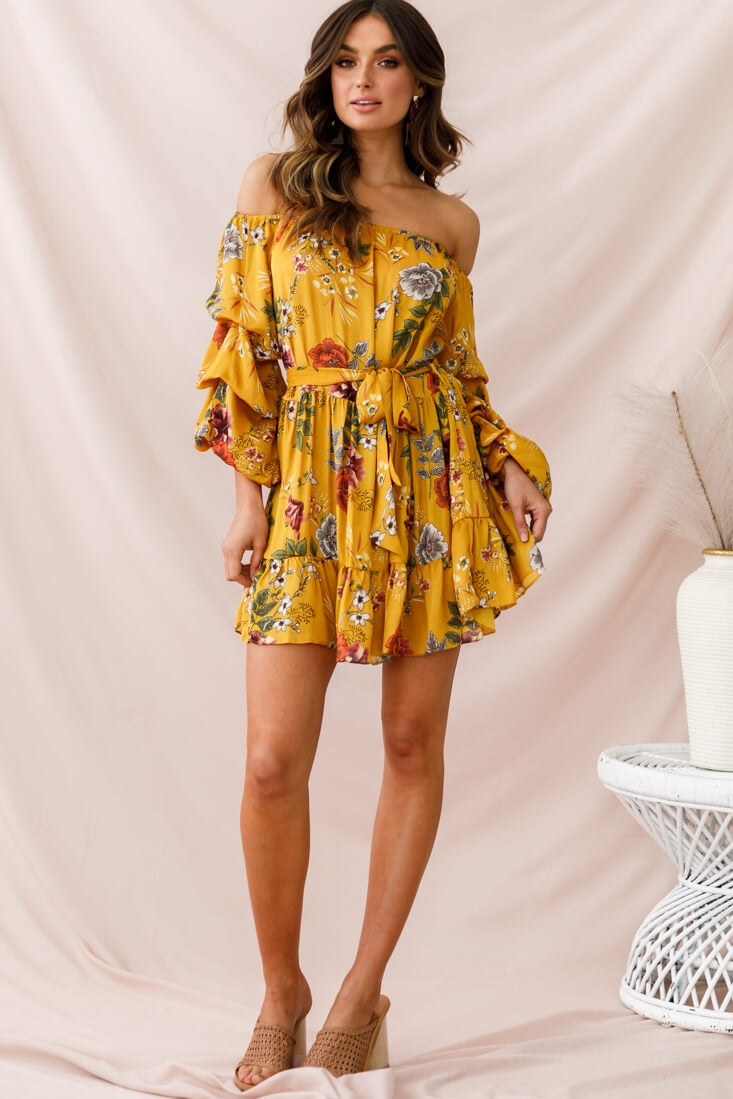 Frida Off-Shoulder Waist Tie Dress Yellow by Selfie Leslie