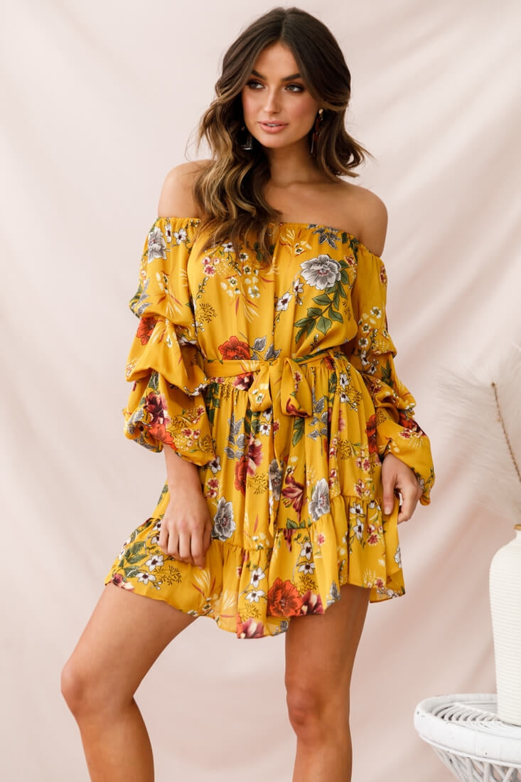 Frida Off-Shoulder Waist Tie Dress Yellow by Selfie Leslie