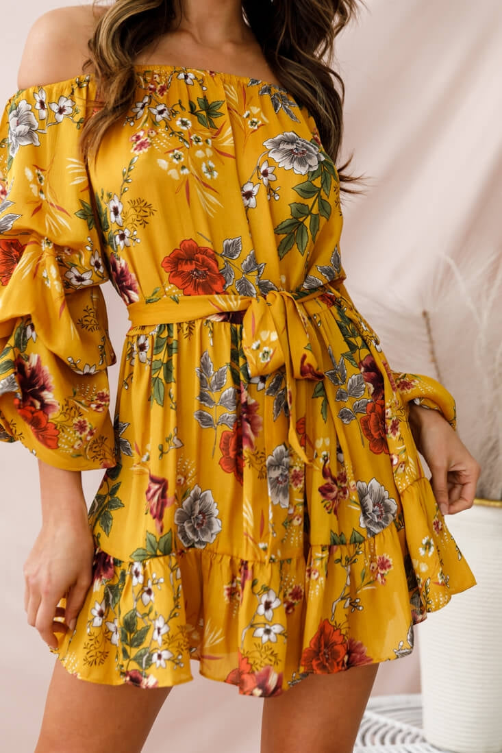 Frida Off-Shoulder Waist Tie Dress Yellow by Selfie Leslie